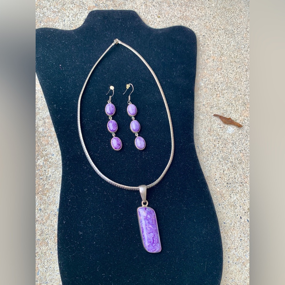 Charles Albert Purple Stone & Sterling Silver Necklace Pendant Earring 925 Italy - Picture 3 of 10